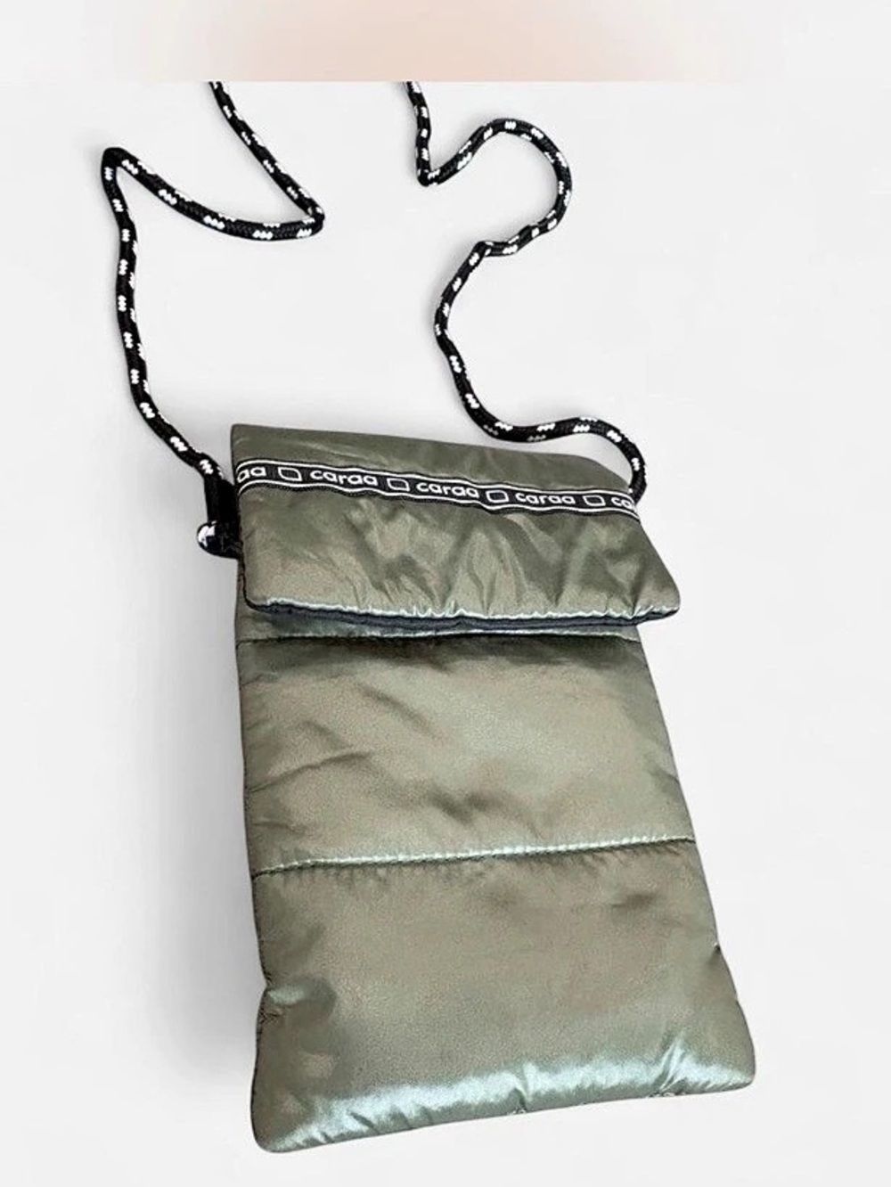 Caraa Olive Green Puffer Mini Crossbody Phone Pouch Rope Strap 5” x 8”